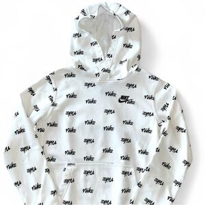 Nike Big Kids L Pullover Hoodie Sweatshirt White Black All Over Logo Print
